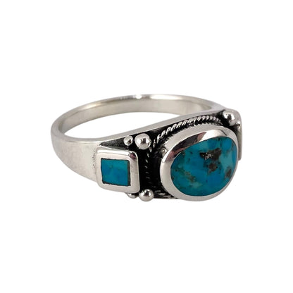 Turquoise Stone Oval Square Bead Ring Sterling Silver