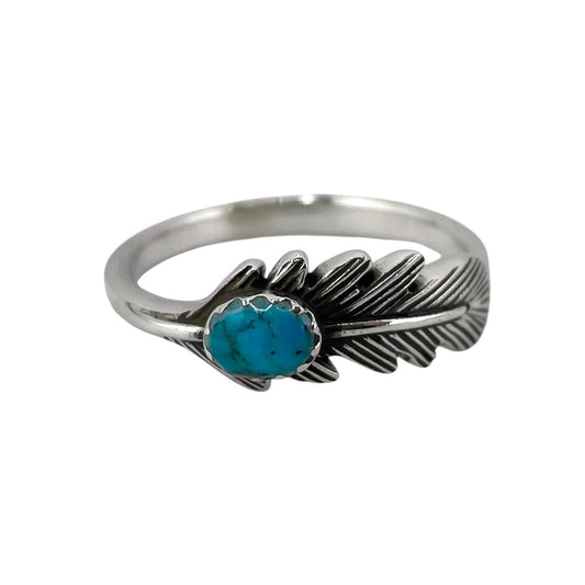 Turquoise Stone Oval Feather Ring Sterling Silver