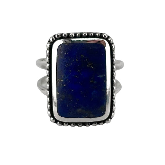 Lapis Stone Square Bead Ring Sterling Silver