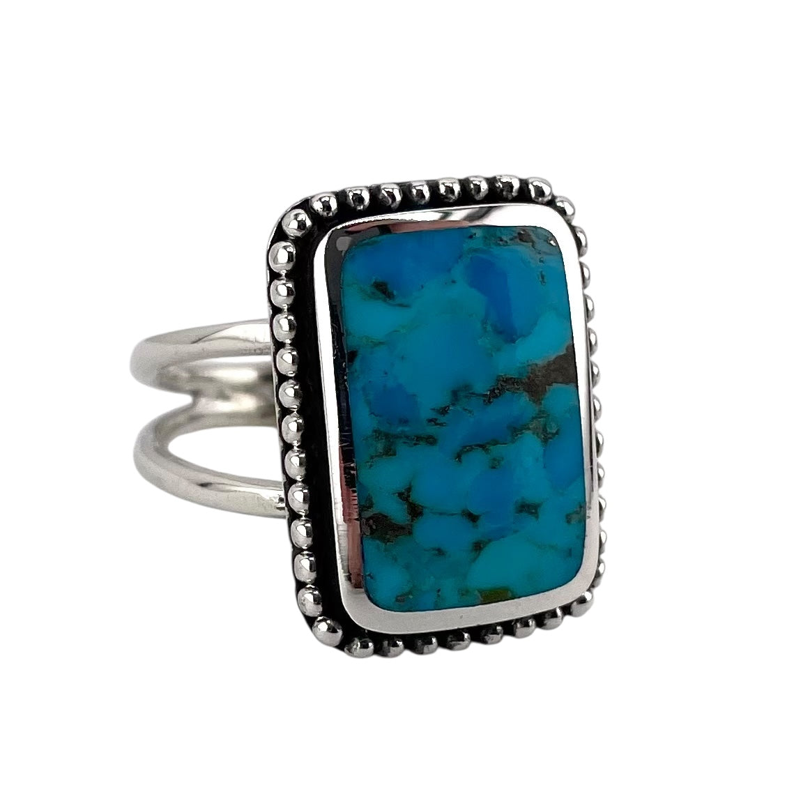 Turquoise Stone Square Bead Ring Sterling Silver