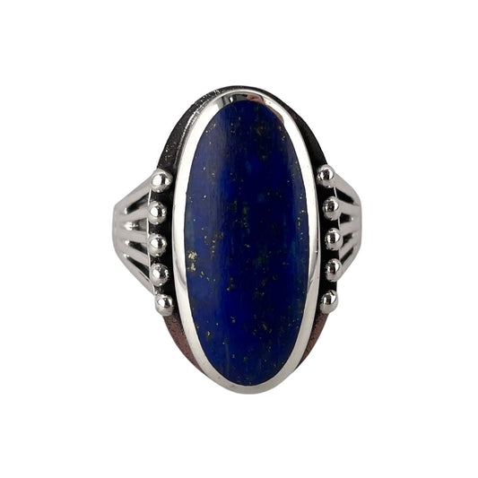 Lapis Stone Oval Bead Ring Sterling Silver