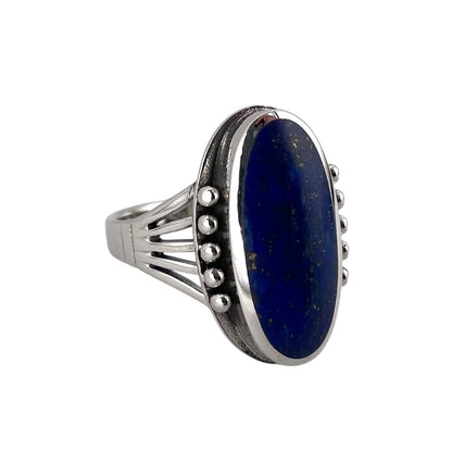 Lapis Stone Oval Bead Ring Sterling Silver