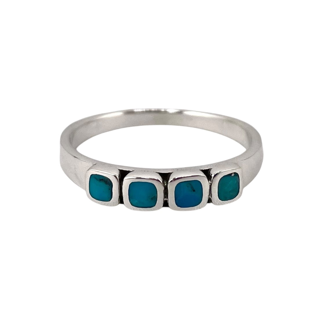 Turquoise Stone Square Row Ring Sterling Silver