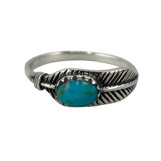 Turquoise Stone Oval Feather Ring Sterling Silver
