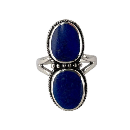 Lapis 2 Stone Round Stacked Bead Rope Ring Sterling Silver