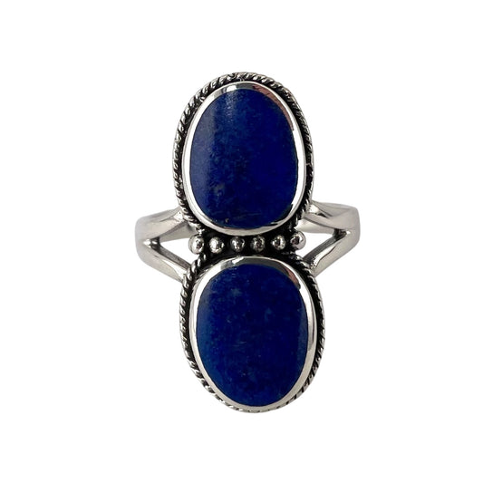 Lapis 2 Stone Round Stacked Bead Rope Ring Sterling Silver
