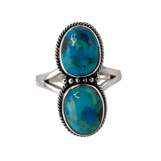 Turquoise 2 Stone Round Stacked Bead Rope Ring Sterling Silver
