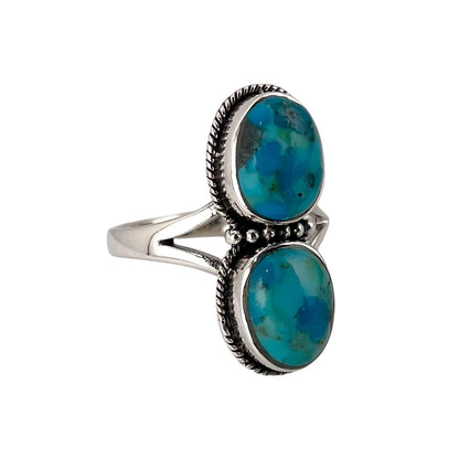 Turquoise 2 Stone Round Stacked Bead Rope Ring Sterling Silver