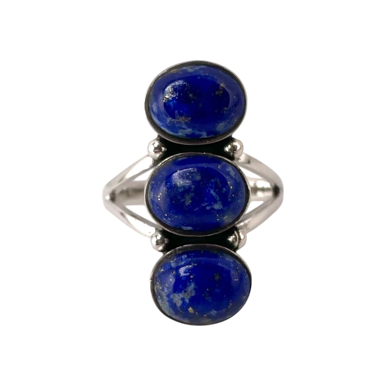 Lapis 3 Stone Round Stacked Ring Sterling Silver