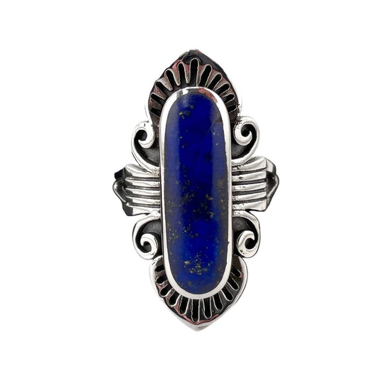 Lapis Stone Oval Etched Pattern Ring Sterling Silver