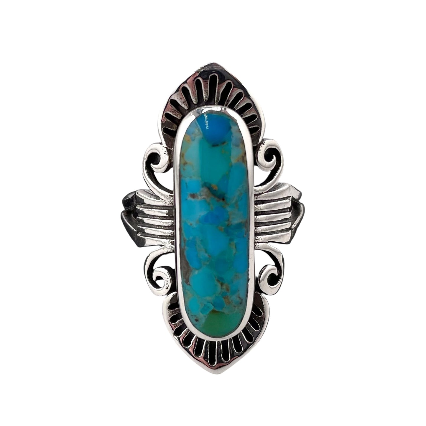 Turquoise Stone Oval Etched Pattern Ring Sterling Silver