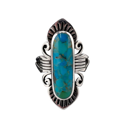 Turquoise Stone Oval Etched Pattern Ring Sterling Silver