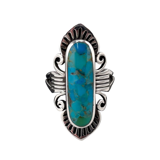 Turquoise Stone Oval Etched Pattern Ring Sterling Silver