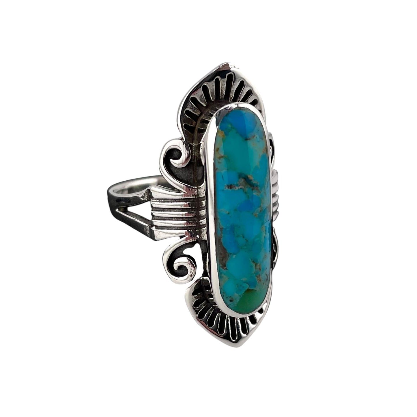 Turquoise Stone Oval Etched Pattern Ring Sterling Silver