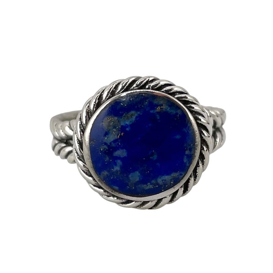 Lapis Stone Round Rope Braid Ring Sterling Silver