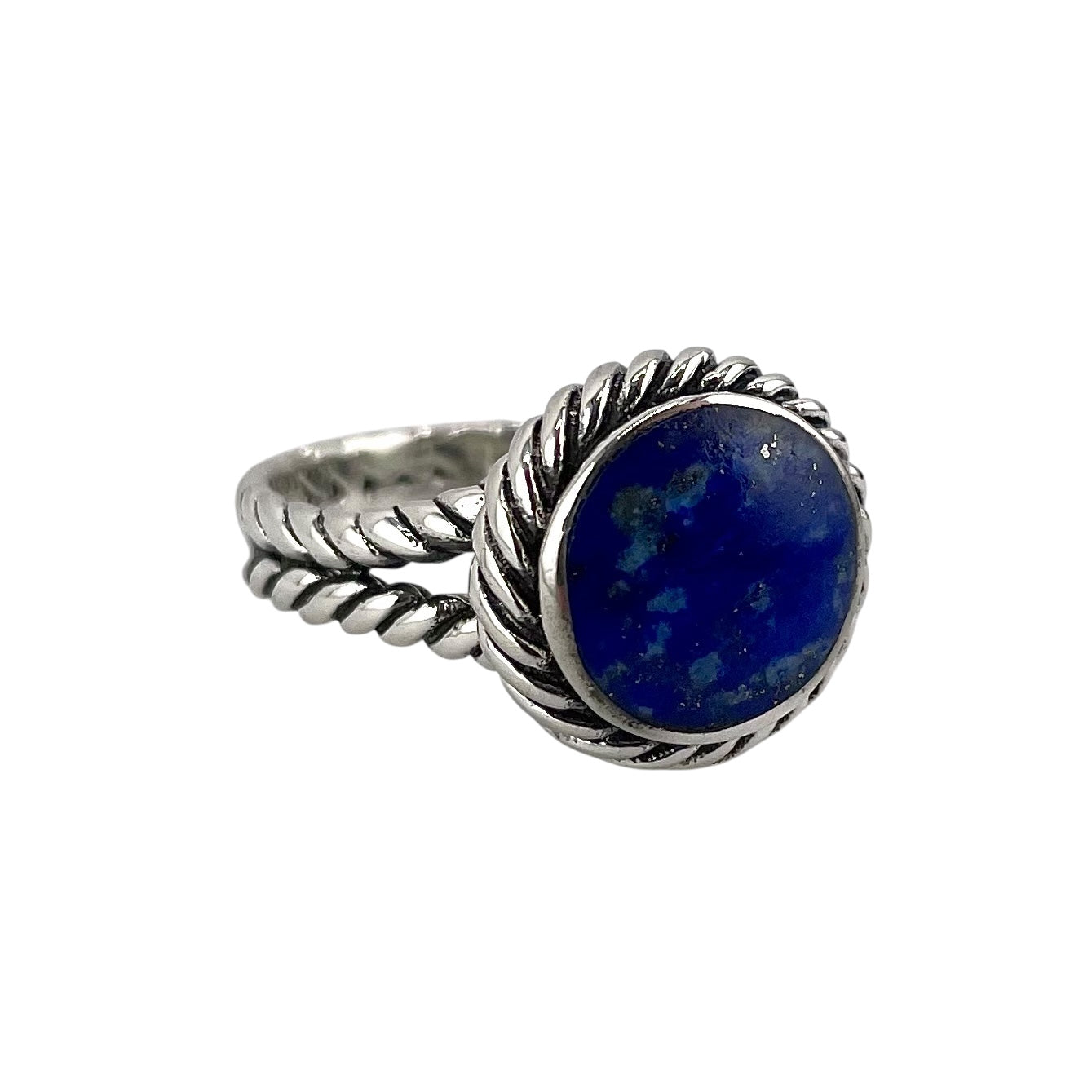 Lapis Stone Round Rope Braid Ring Sterling Silver