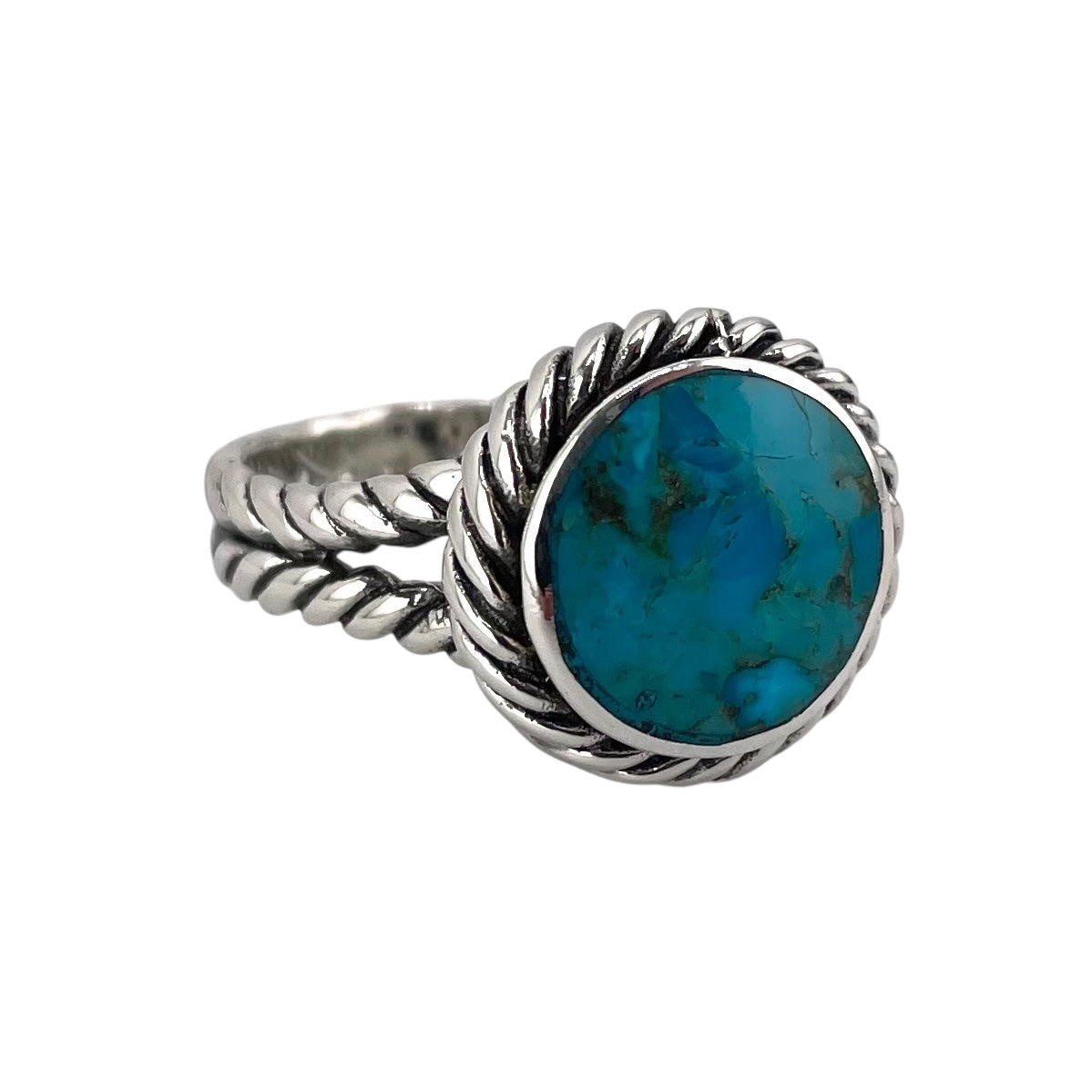 Turquoise Stone Round Rope Braid Ring Sterling Silver