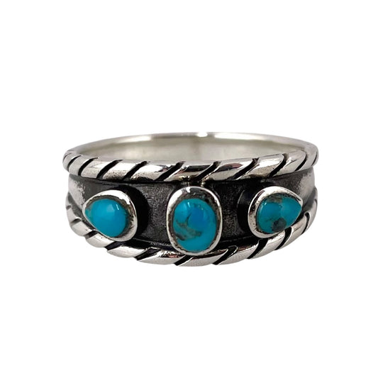 Turquoise 3 Stone Rope Ring Sterling Silver