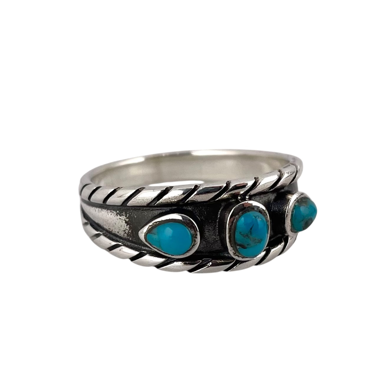 Turquoise 3 Stone Rope Ring Sterling Silver