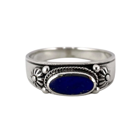 Lapis Stone Oval Bead Rope Ring Sterling Silver