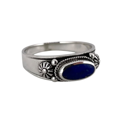 Lapis Stone Oval Bead Rope Ring Sterling Silver