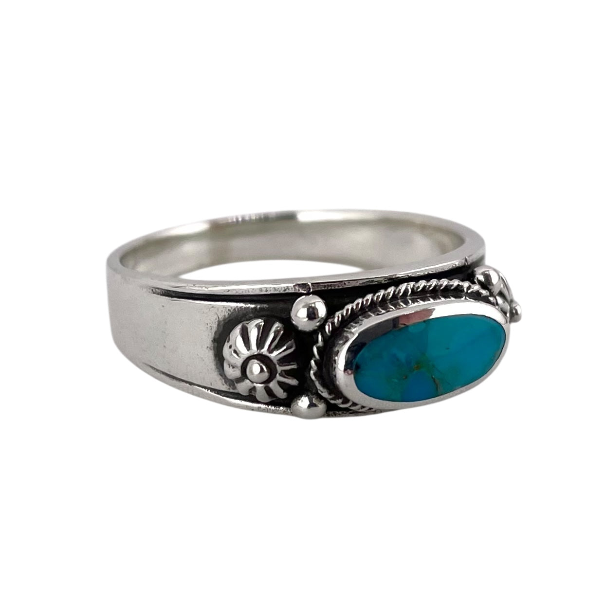 Turquoise Stone Oval Bead Rope Ring Sterling Silver
