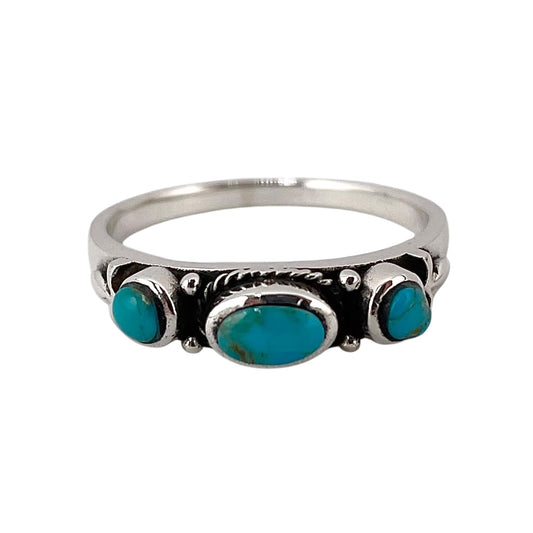 Turquoise 3 Stone Round Oval Ring Sterling Silver