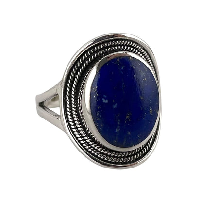 Lapis Stone Oval Rope Ring Sterling Silver