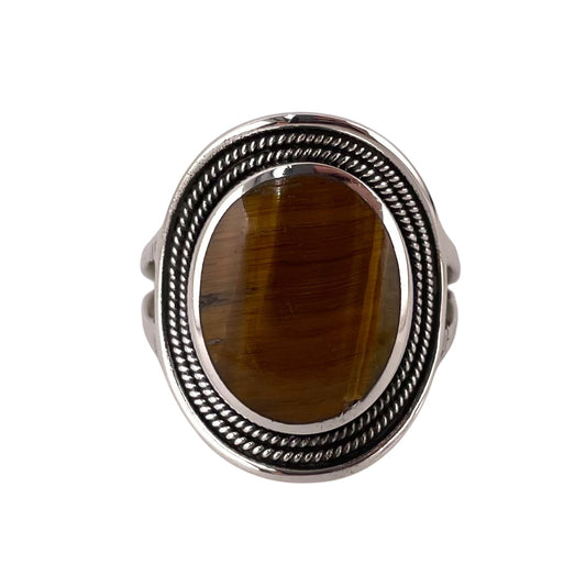 Tiger Eye Stone Oval Rope Ring Sterling Silver