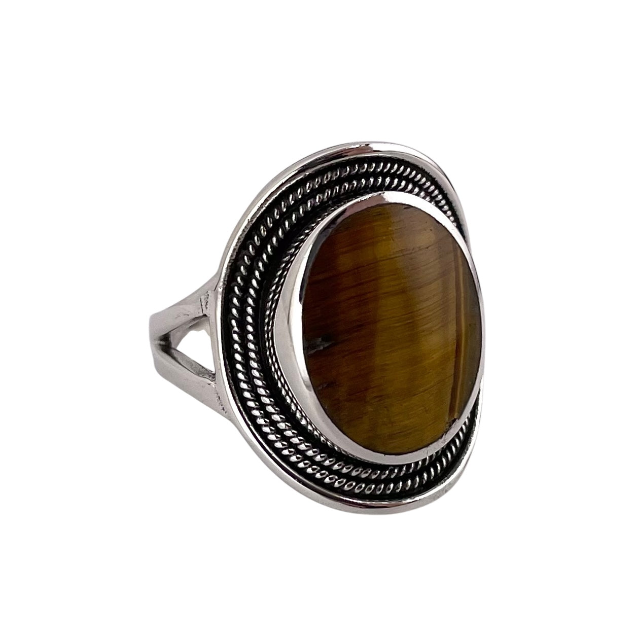 Tiger Eye Stone Oval Rope Ring Sterling Silver