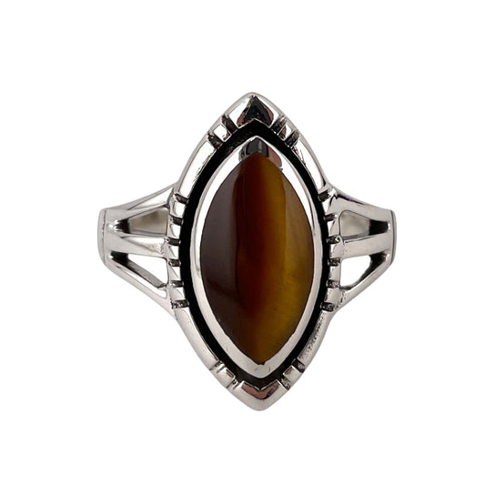 Tiger Eye Stone Pointed Oval Ring Sterling Silver