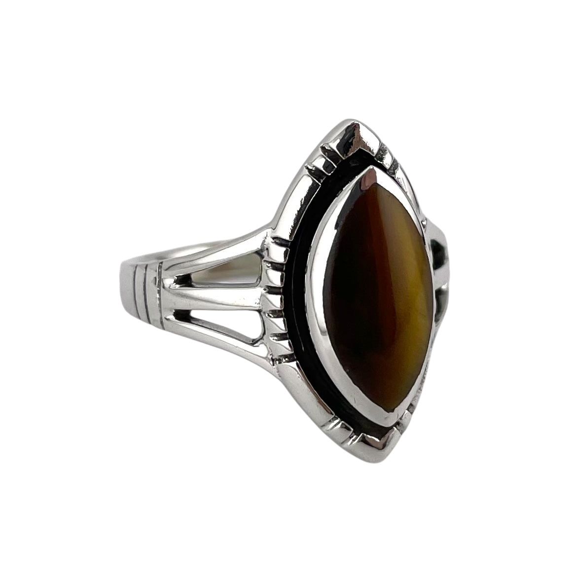 Tiger Eye Stone Pointed Oval Ring Sterling Silver