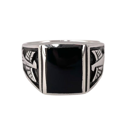 Black Onyx Stone Square Thunderbird Mens Ring Sterling Silver