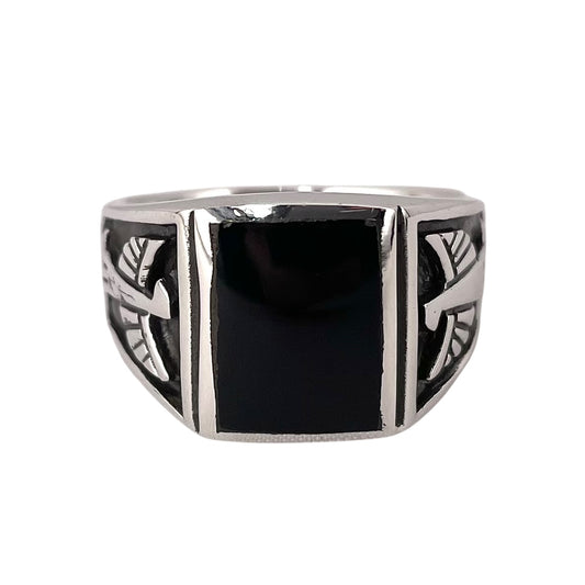 Black Onyx Stone Square Thunderbird Mens Ring Sterling Silver