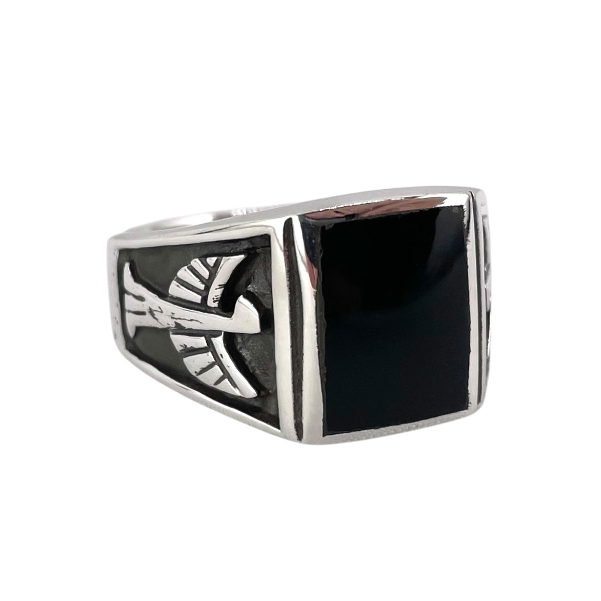 Black Onyx Stone Square Thunderbird Mens Ring Sterling Silver