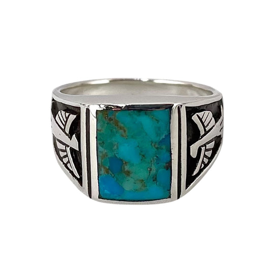 Turquoise Stone Square Thunderbird Mens Ring Sterling Silver