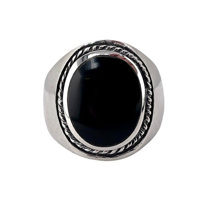 Black Onyx Stone Oval Rope Mens Ring Sterling Silver