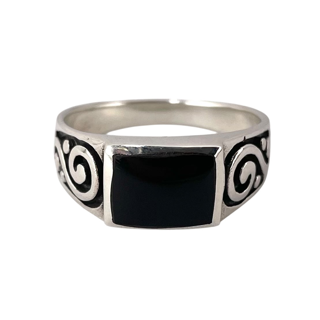 Black Onyx Stone Rectangle Mens Ring Sterling Silver