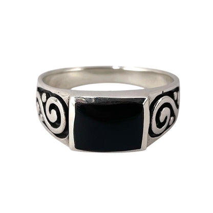 Black Onyx Stone Rectangle Mens Ring Sterling Silver