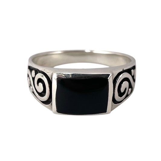 Black Onyx Stone Rectangle Mens Ring Sterling Silver