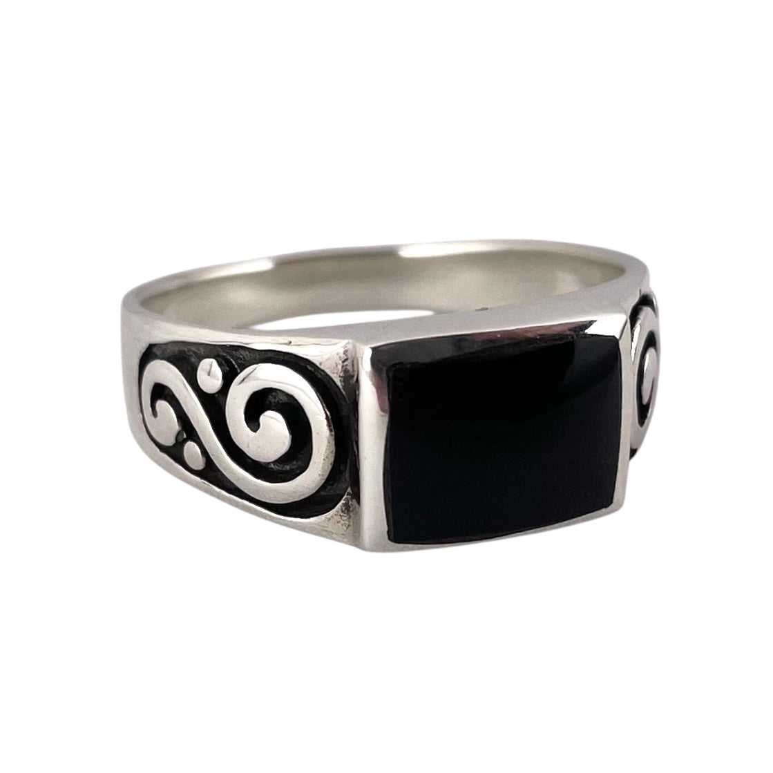 Black Onyx Stone Rectangle Mens Ring Sterling Silver
