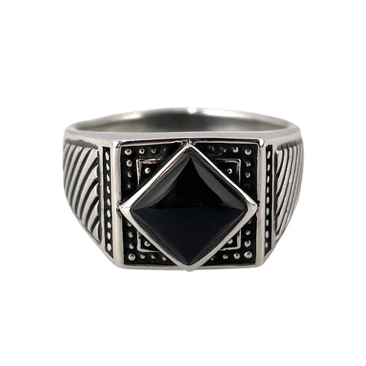 Black Onyx Stone Diamond Shape Mens Ring Sterling Silver