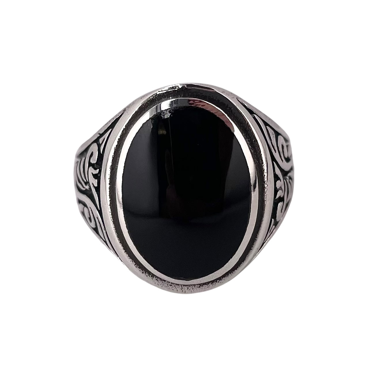 Black Onyx Stone Oval Mens Ring Sterling Silver
