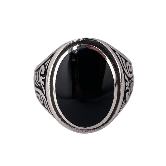 Black Onyx Stone Oval Mens Ring Sterling Silver