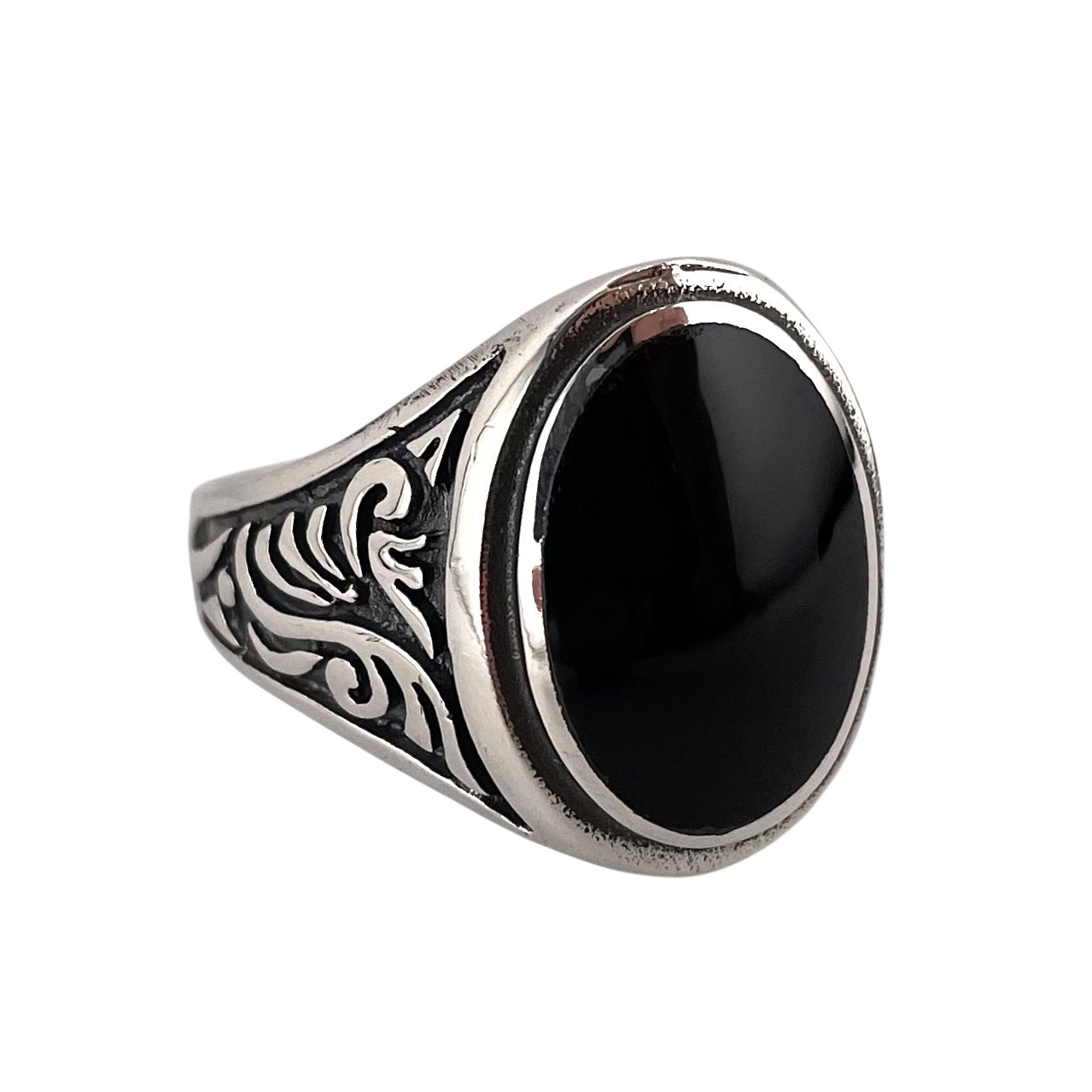 Black Onyx Stone Oval Mens Ring Sterling Silver