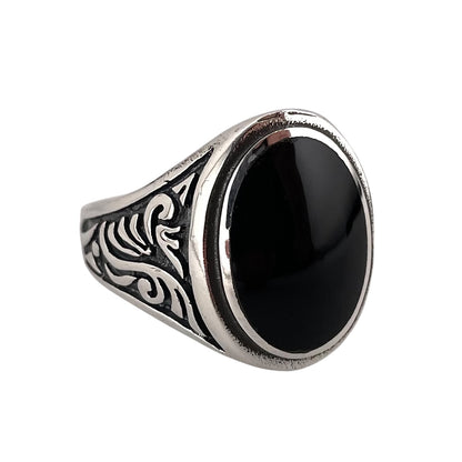 Black Onyx Stone Oval Mens Ring Sterling Silver