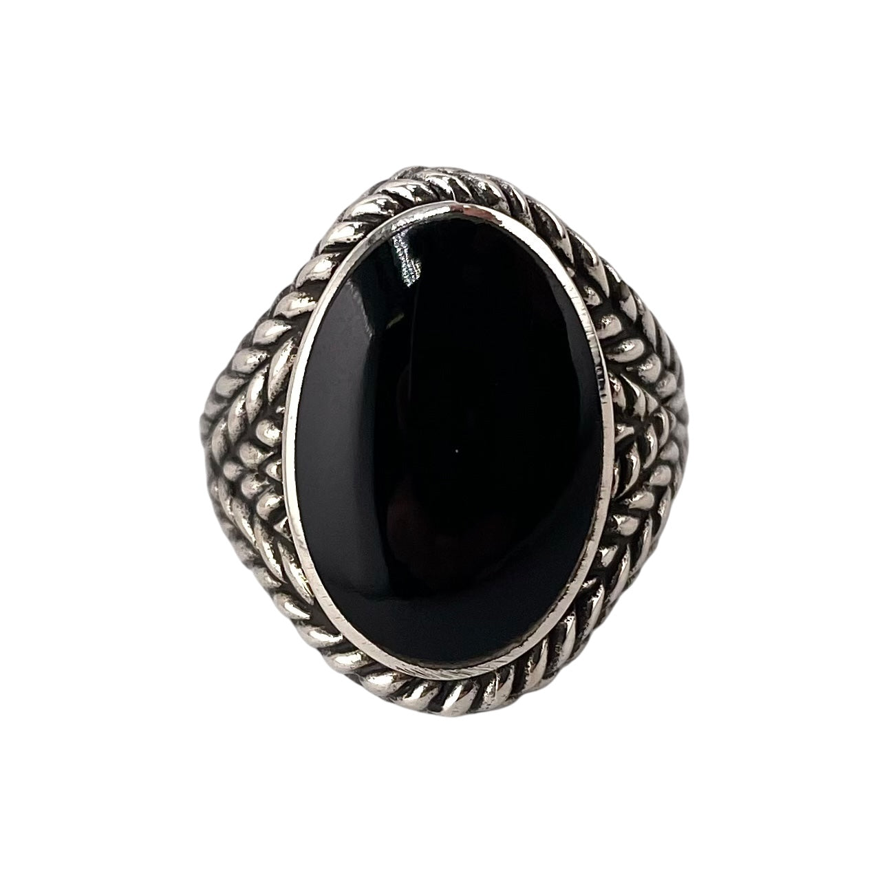 Black Onyx Stone Oval Braid Mens Ring Sterling Silver