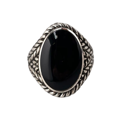 Black Onyx Stone Oval Braid Mens Ring Sterling Silver