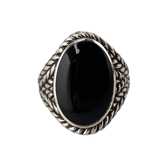 Black Onyx Stone Oval Braid Mens Ring Sterling Silver