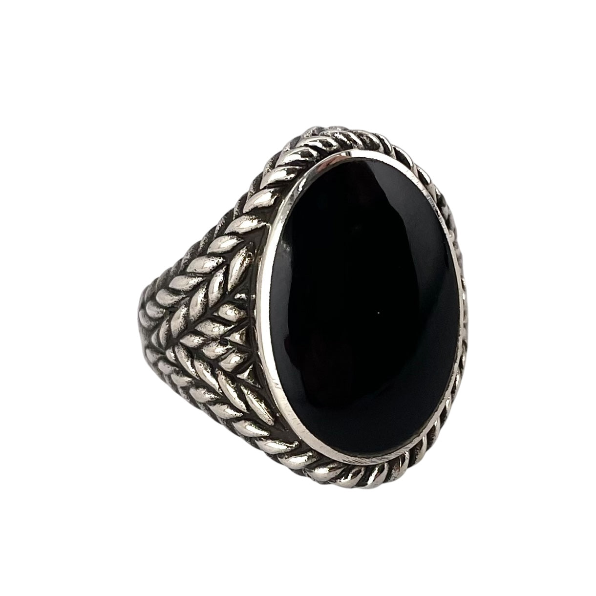 Black Onyx Stone Oval Braid Mens Ring Sterling Silver